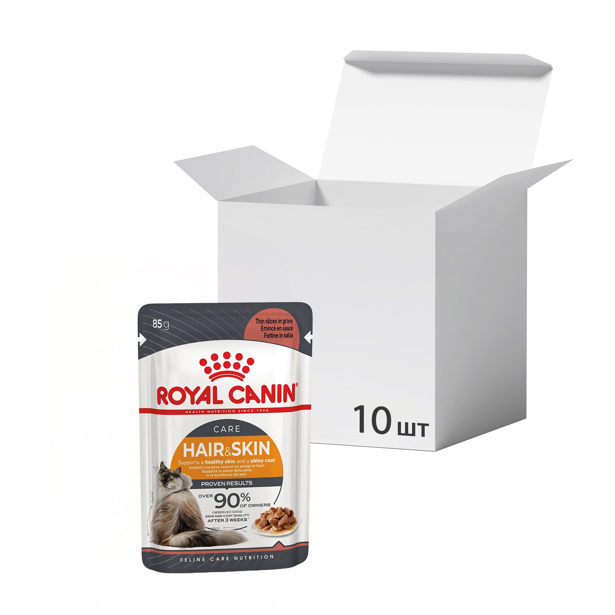 Упаковка вологого корму для дорослих котів Royal Canin Hair &amp; Skin Care шматочки в соусі, для підтримки здоров'я шкіри та шерсті, 85 г * 10 шт
